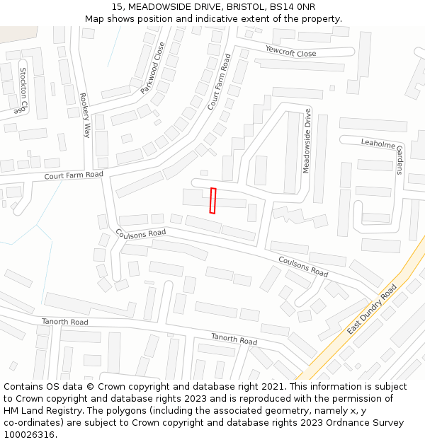 15, MEADOWSIDE DRIVE, BRISTOL, BS14 0NR: Location map and indicative extent of plot