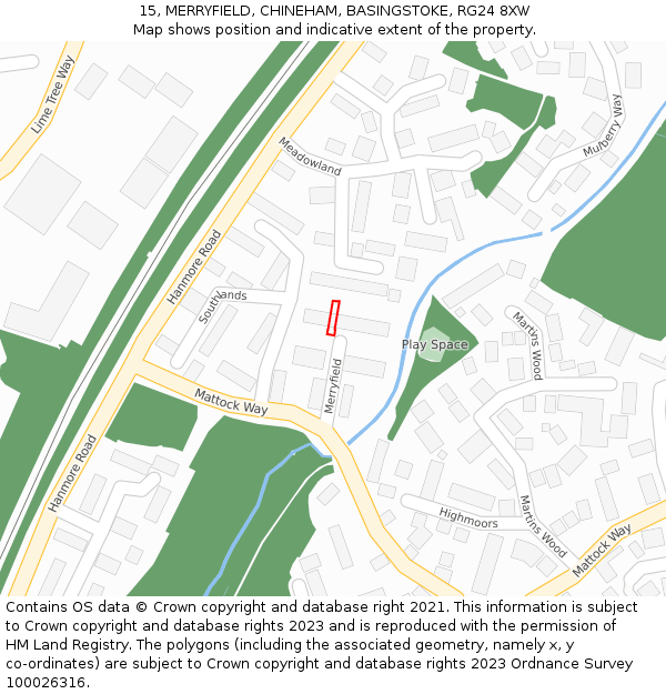 15, MERRYFIELD, CHINEHAM, BASINGSTOKE, RG24 8XW: Location map and indicative extent of plot
