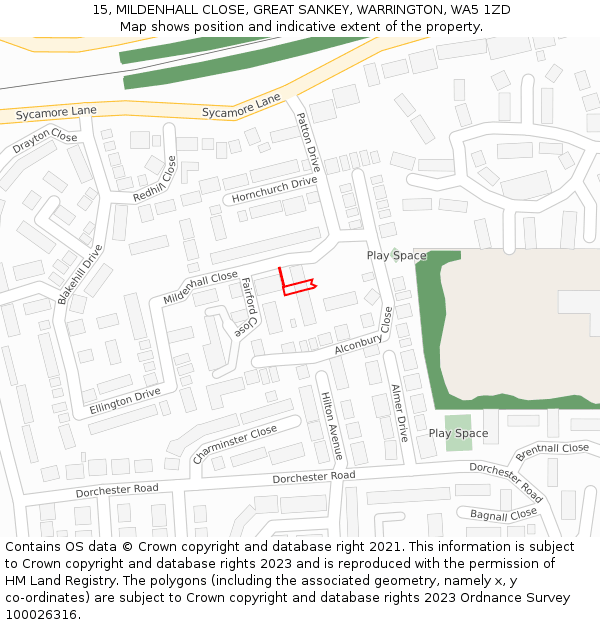 15, MILDENHALL CLOSE, GREAT SANKEY, WARRINGTON, WA5 1ZD: Location map and indicative extent of plot