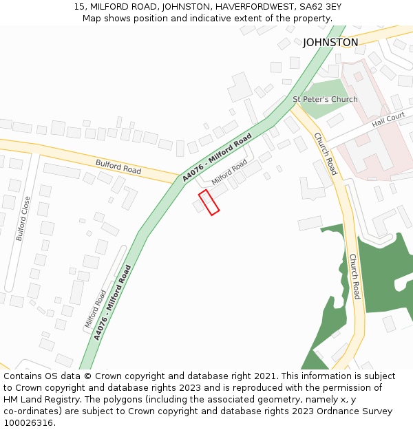 15, MILFORD ROAD, JOHNSTON, HAVERFORDWEST, SA62 3EY: Location map and indicative extent of plot
