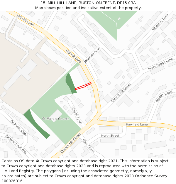 15, MILL HILL LANE, BURTON-ON-TRENT, DE15 0BA: Location map and indicative extent of plot