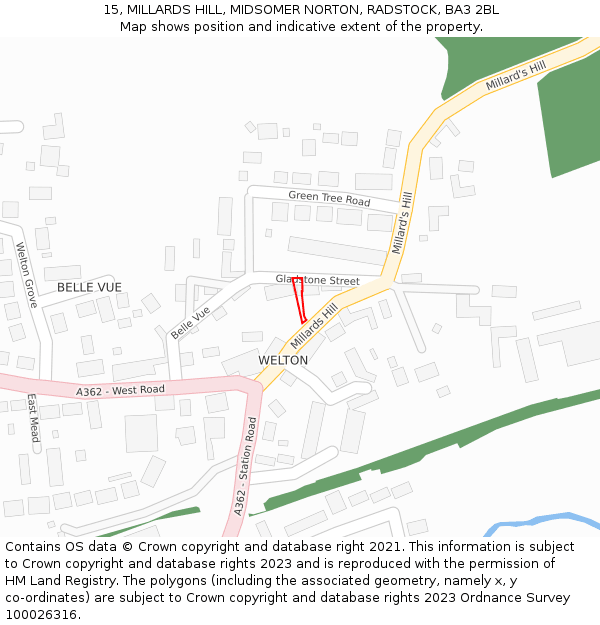 15, MILLARDS HILL, MIDSOMER NORTON, RADSTOCK, BA3 2BL: Location map and indicative extent of plot