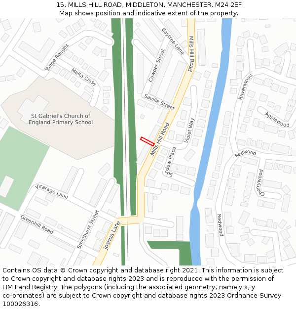 15, MILLS HILL ROAD, MIDDLETON, MANCHESTER, M24 2EF: Location map and indicative extent of plot