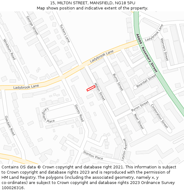 15, MILTON STREET, MANSFIELD, NG18 5PU: Location map and indicative extent of plot