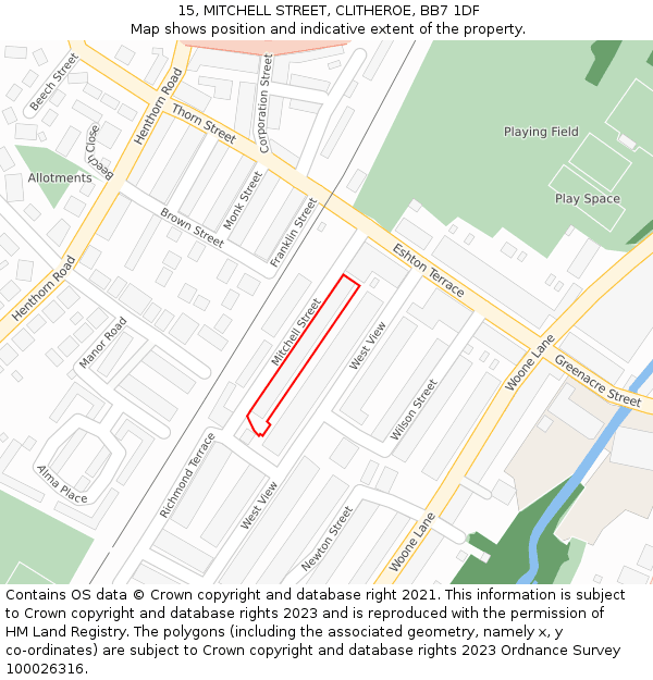 15, MITCHELL STREET, CLITHEROE, BB7 1DF: Location map and indicative extent of plot