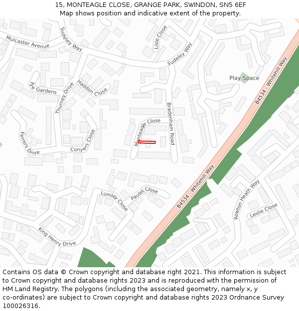 15, MONTEAGLE CLOSE, GRANGE PARK, SWINDON, SN5 6EF: Location map and indicative extent of plot