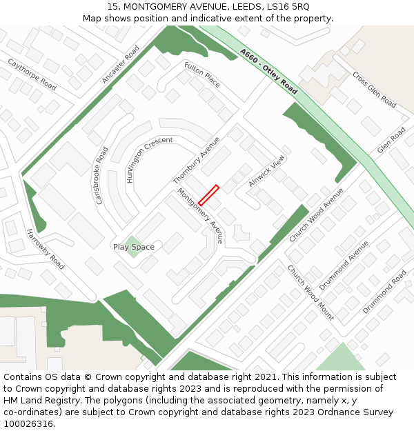 15, MONTGOMERY AVENUE, LEEDS, LS16 5RQ: Location map and indicative extent of plot