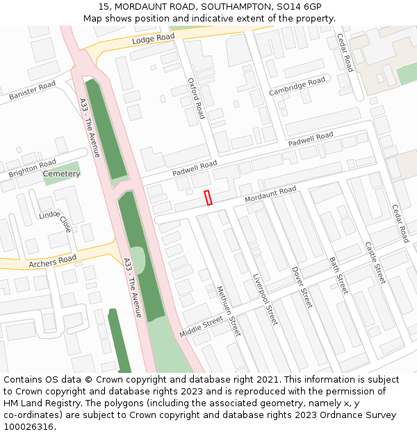 15, MORDAUNT ROAD, SOUTHAMPTON, SO14 6GP: Location map and indicative extent of plot