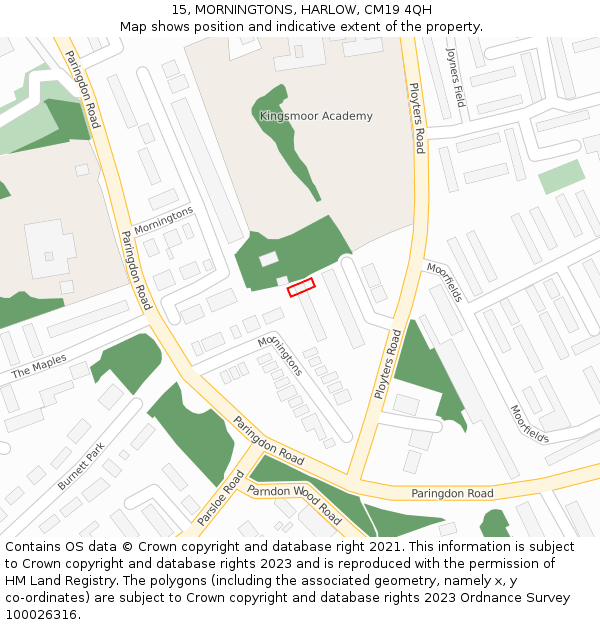 15, MORNINGTONS, HARLOW, CM19 4QH: Location map and indicative extent of plot