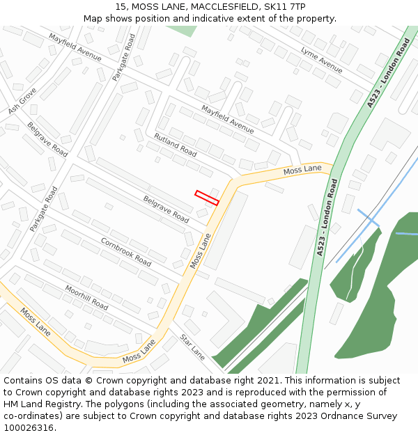 15, MOSS LANE, MACCLESFIELD, SK11 7TP: Location map and indicative extent of plot