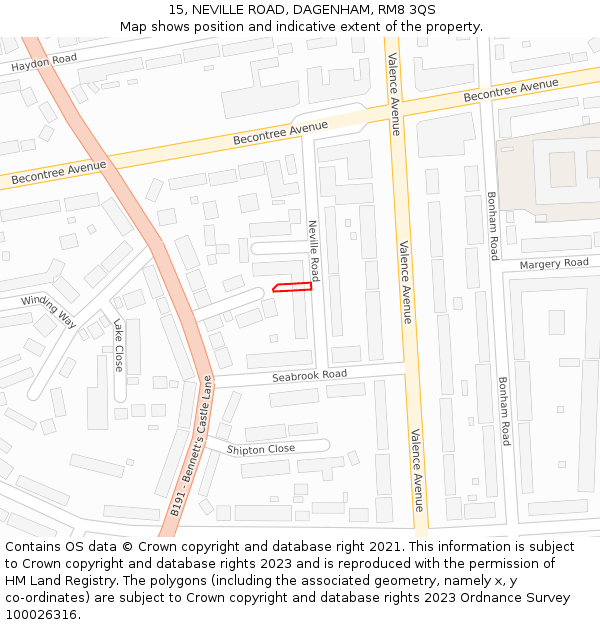 15, NEVILLE ROAD, DAGENHAM, RM8 3QS: Location map and indicative extent of plot