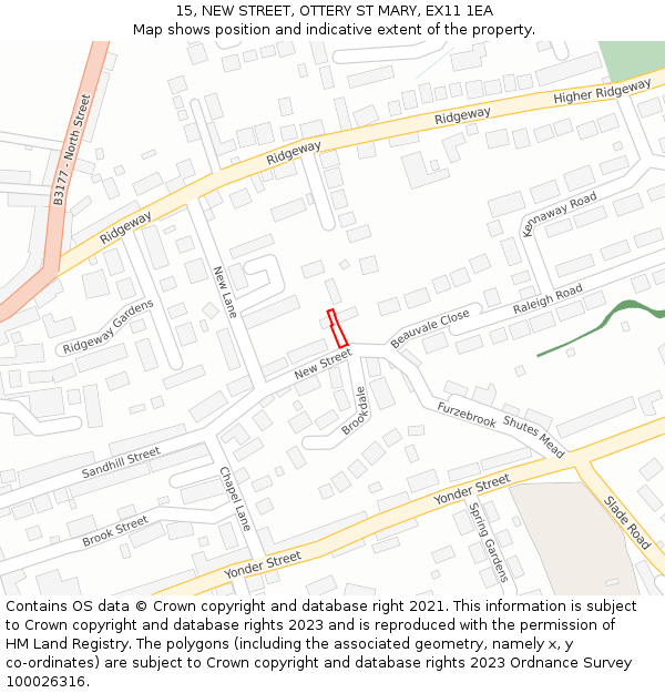 15, NEW STREET, OTTERY ST MARY, EX11 1EA: Location map and indicative extent of plot