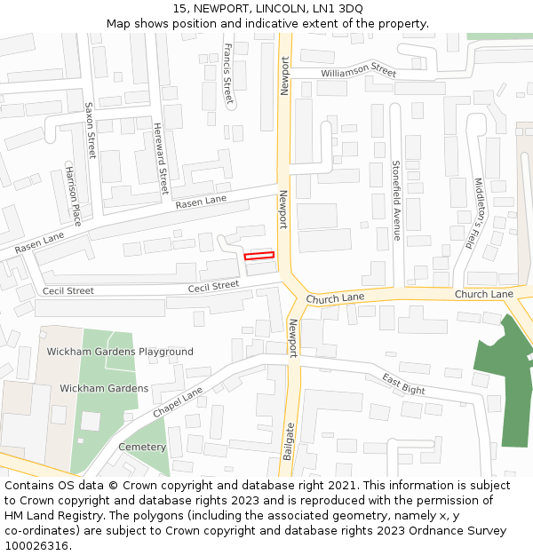 15, NEWPORT, LINCOLN, LN1 3DQ: Location map and indicative extent of plot