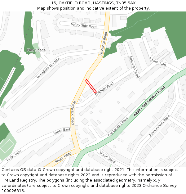 15, OAKFIELD ROAD, HASTINGS, TN35 5AX: Location map and indicative extent of plot