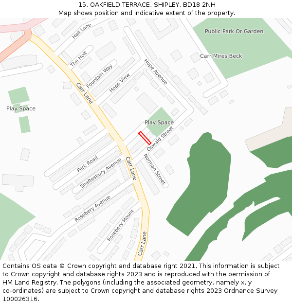 15, OAKFIELD TERRACE, SHIPLEY, BD18 2NH: Location map and indicative extent of plot