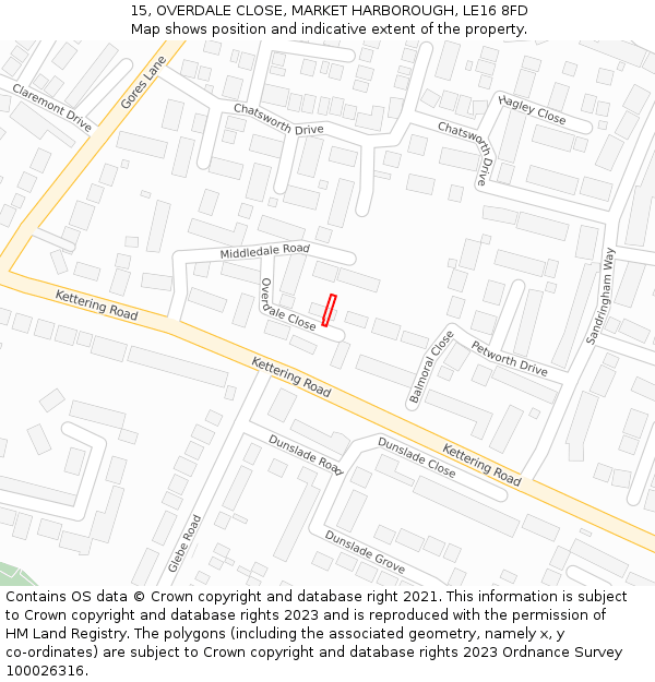 15, OVERDALE CLOSE, MARKET HARBOROUGH, LE16 8FD: Location map and indicative extent of plot
