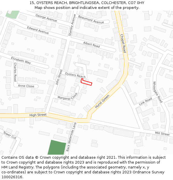 15, OYSTERS REACH, BRIGHTLINGSEA, COLCHESTER, CO7 0HY: Location map and indicative extent of plot
