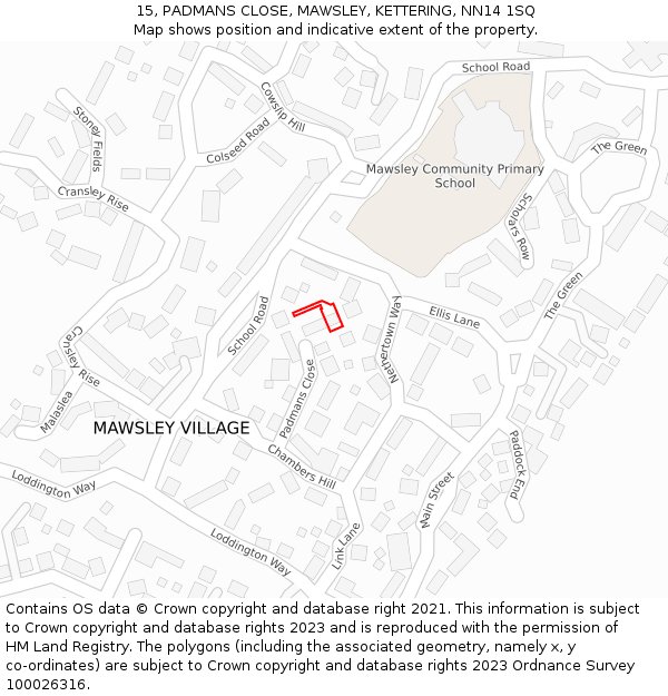 15, PADMANS CLOSE, MAWSLEY, KETTERING, NN14 1SQ: Location map and indicative extent of plot