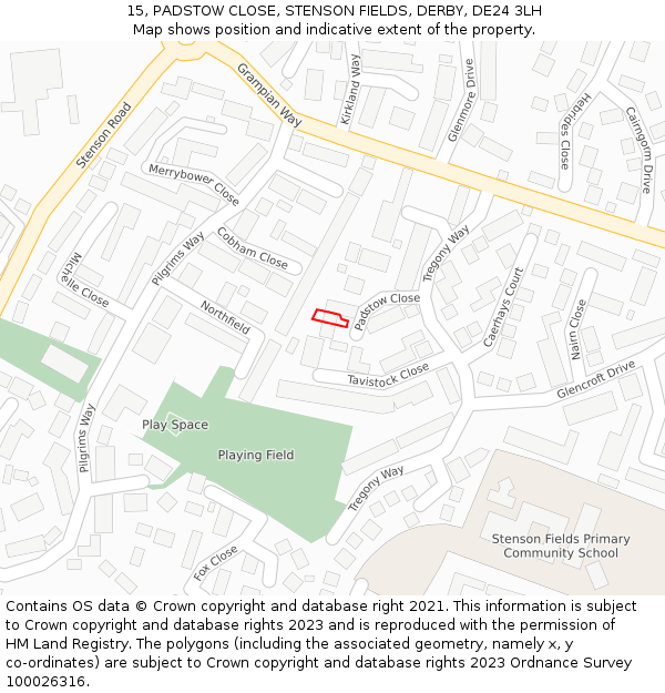 15, PADSTOW CLOSE, STENSON FIELDS, DERBY, DE24 3LH: Location map and indicative extent of plot