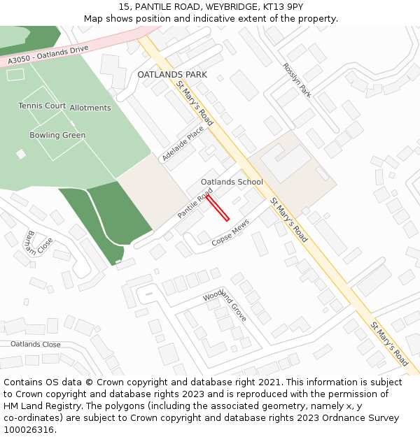 15, PANTILE ROAD, WEYBRIDGE, KT13 9PY: Location map and indicative extent of plot