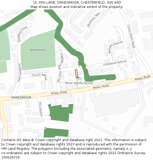 15, PEN LANE, DANESMOOR, CHESTERFIELD, S45 9AD: Location map and indicative extent of plot