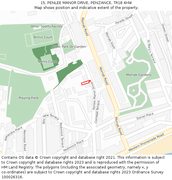15, PENLEE MANOR DRIVE, PENZANCE, TR18 4HW: Location map and indicative extent of plot