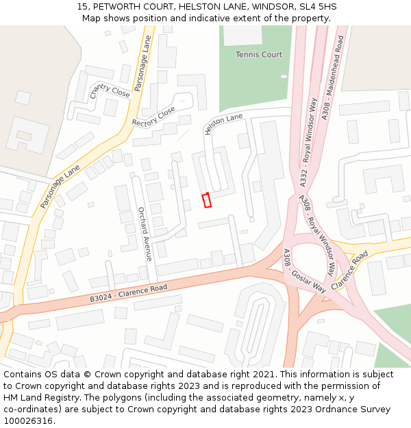 15, PETWORTH COURT, HELSTON LANE, WINDSOR, SL4 5HS: Location map and indicative extent of plot