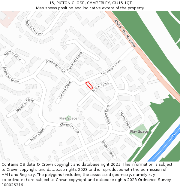 15, PICTON CLOSE, CAMBERLEY, GU15 1QT: Location map and indicative extent of plot