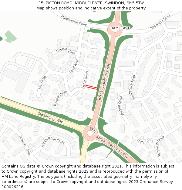 15, PICTON ROAD, MIDDLELEAZE, SWINDON, SN5 5TW: Location map and indicative extent of plot