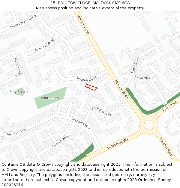 15, POULTON CLOSE, MALDON, CM9 6GA: Location map and indicative extent of plot