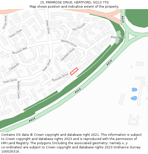 15, PRIMROSE DRIVE, HERTFORD, SG13 7TG: Location map and indicative extent of plot