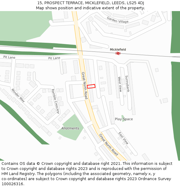15, PROSPECT TERRACE, MICKLEFIELD, LEEDS, LS25 4DJ: Location map and indicative extent of plot