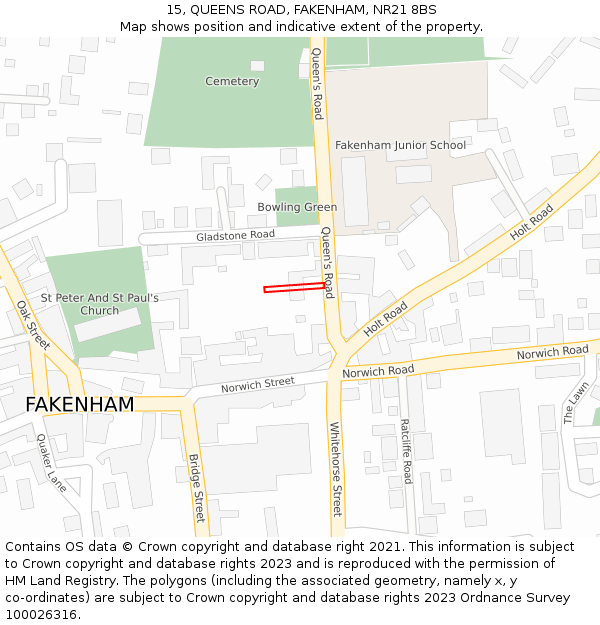 15, QUEENS ROAD, FAKENHAM, NR21 8BS: Location map and indicative extent of plot