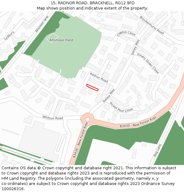 15, RADNOR ROAD, BRACKNELL, RG12 9FD: Location map and indicative extent of plot