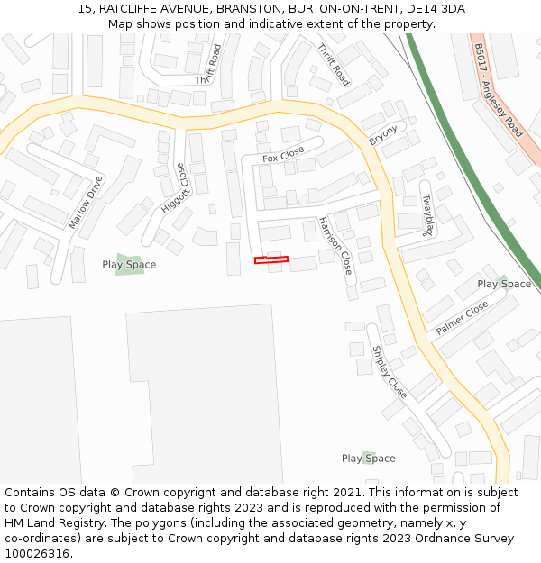 15, RATCLIFFE AVENUE, BRANSTON, BURTON-ON-TRENT, DE14 3DA: Location map and indicative extent of plot