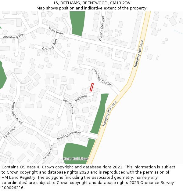 15, RIFFHAMS, BRENTWOOD, CM13 2TW: Location map and indicative extent of plot