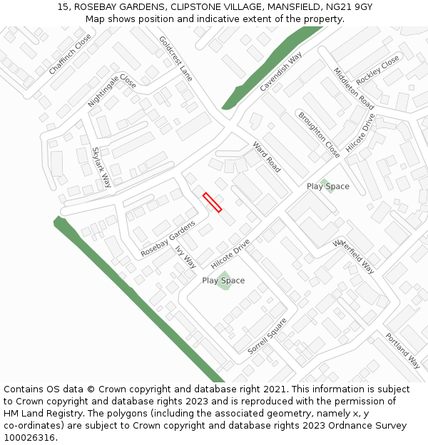 15, ROSEBAY GARDENS, CLIPSTONE VILLAGE, MANSFIELD, NG21 9GY: Location map and indicative extent of plot