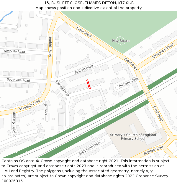 15, RUSHETT CLOSE, THAMES DITTON, KT7 0UR: Location map and indicative extent of plot