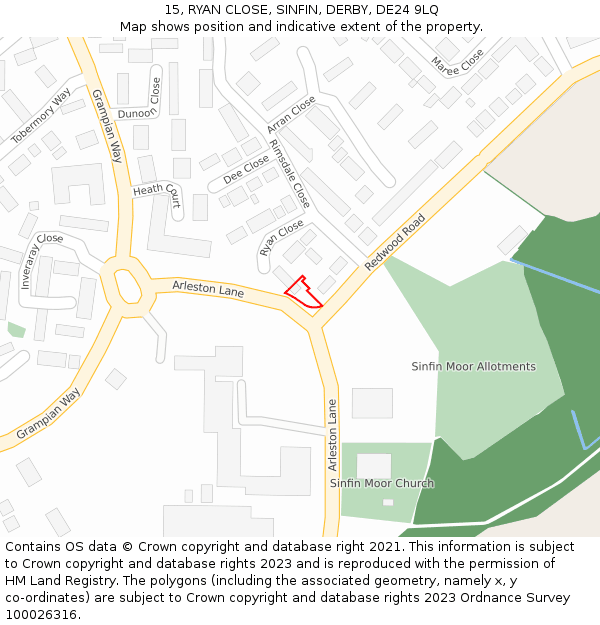 15, RYAN CLOSE, SINFIN, DERBY, DE24 9LQ: Location map and indicative extent of plot