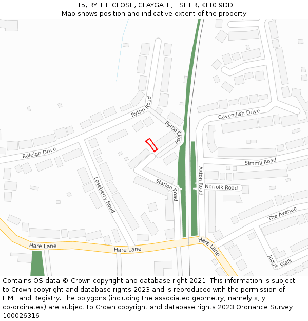 15, RYTHE CLOSE, CLAYGATE, ESHER, KT10 9DD: Location map and indicative extent of plot