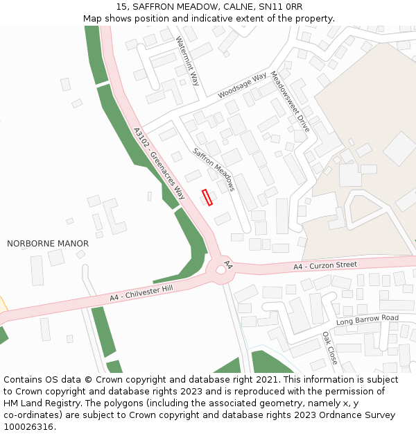 15, SAFFRON MEADOW, CALNE, SN11 0RR: Location map and indicative extent of plot