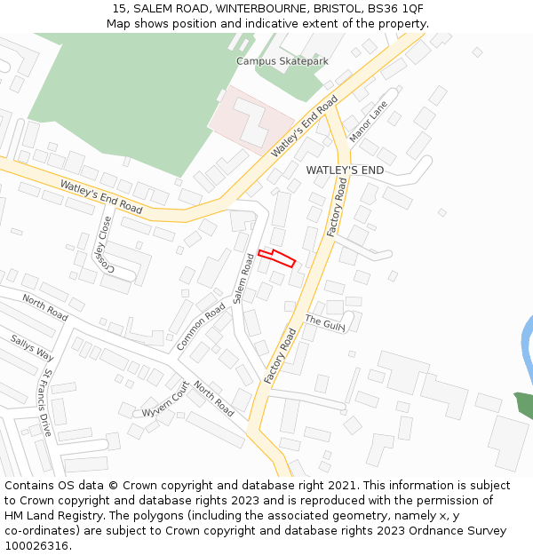 15, SALEM ROAD, WINTERBOURNE, BRISTOL, BS36 1QF: Location map and indicative extent of plot