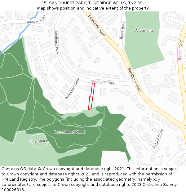 15, SANDHURST PARK, TUNBRIDGE WELLS, TN2 3SU: Location map and indicative extent of plot