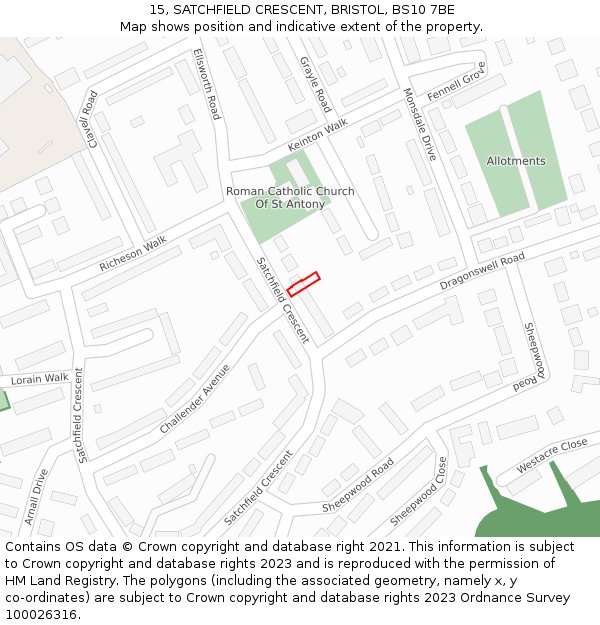 15, SATCHFIELD CRESCENT, BRISTOL, BS10 7BE: Location map and indicative extent of plot
