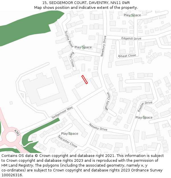 15, SEDGEMOOR COURT, DAVENTRY, NN11 0WR: Location map and indicative extent of plot