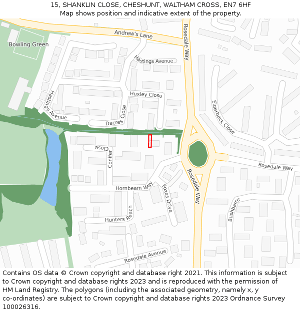 15, SHANKLIN CLOSE, CHESHUNT, WALTHAM CROSS, EN7 6HF: Location map and indicative extent of plot