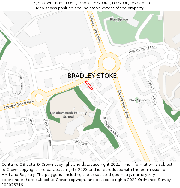 15, SNOWBERRY CLOSE, BRADLEY STOKE, BRISTOL, BS32 8GB: Location map and indicative extent of plot