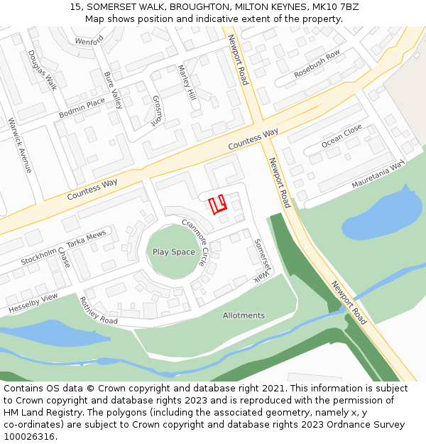 15, SOMERSET WALK, BROUGHTON, MILTON KEYNES, MK10 7BZ: Location map and indicative extent of plot