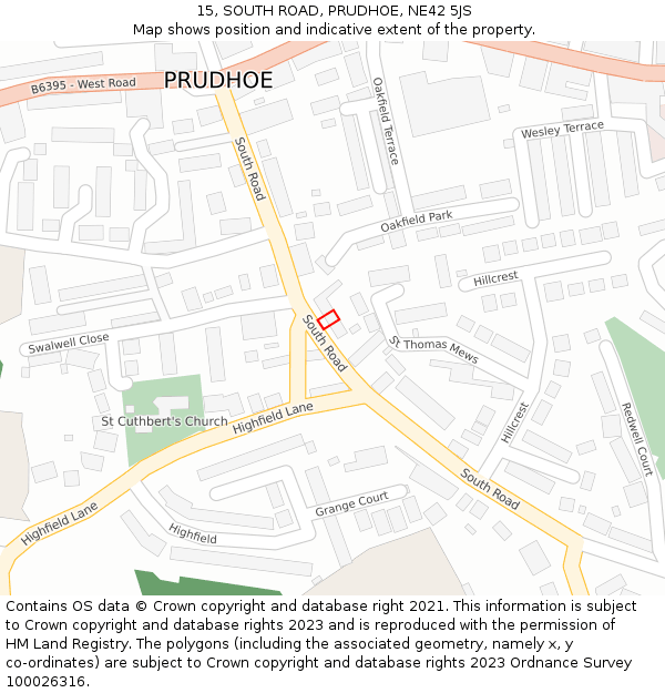15, SOUTH ROAD, PRUDHOE, NE42 5JS: Location map and indicative extent of plot