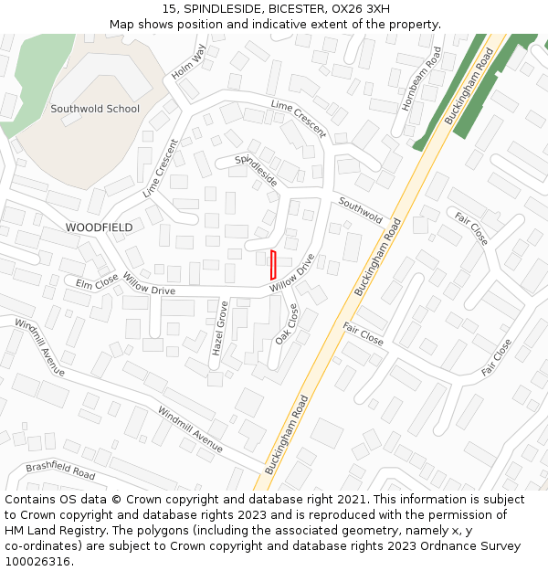 15, SPINDLESIDE, BICESTER, OX26 3XH: Location map and indicative extent of plot